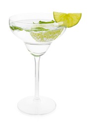 Photo of Martini cocktail with slices of lime and mint on white background