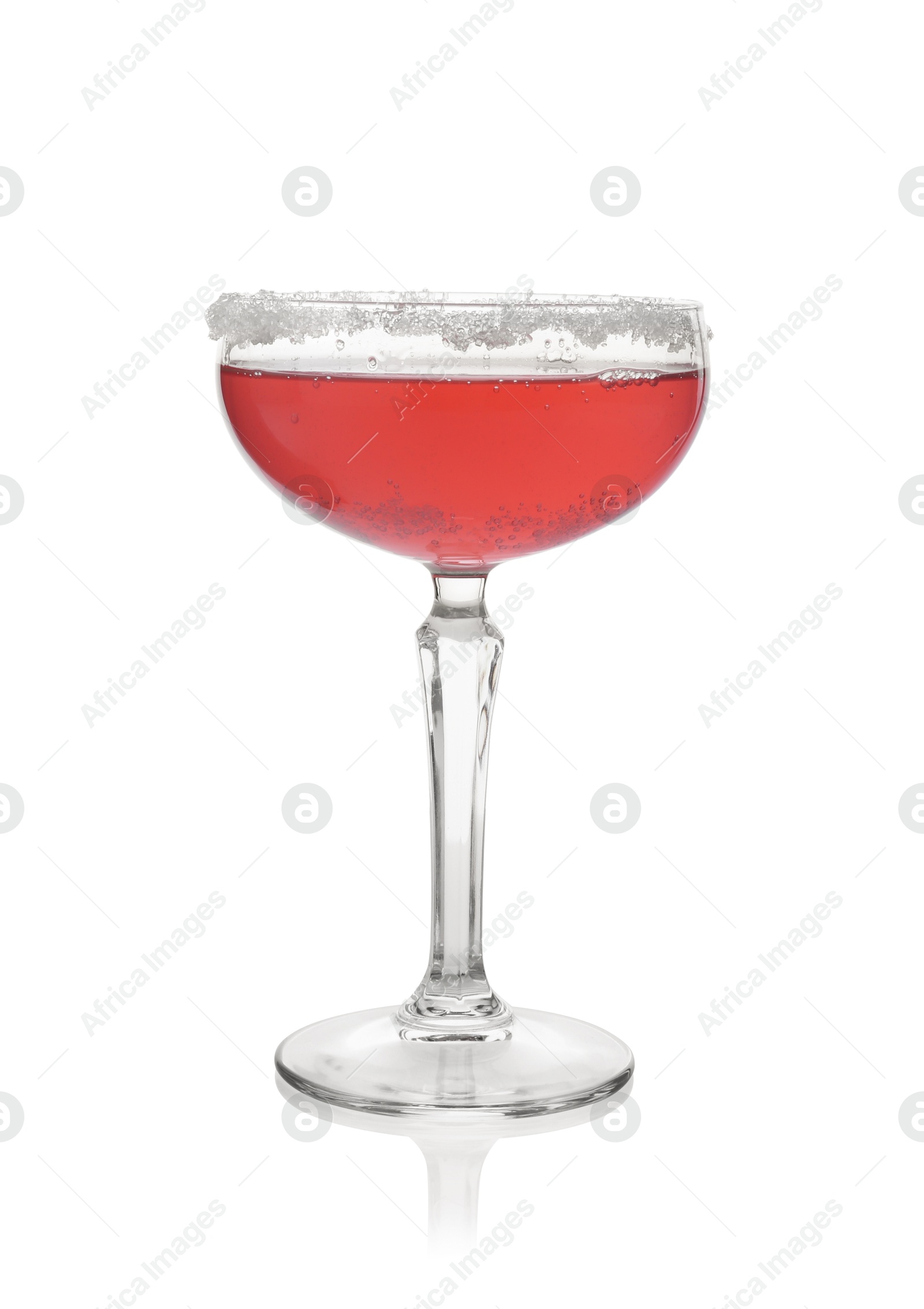 Photo of Martini cocktail with sugar in glass on white background