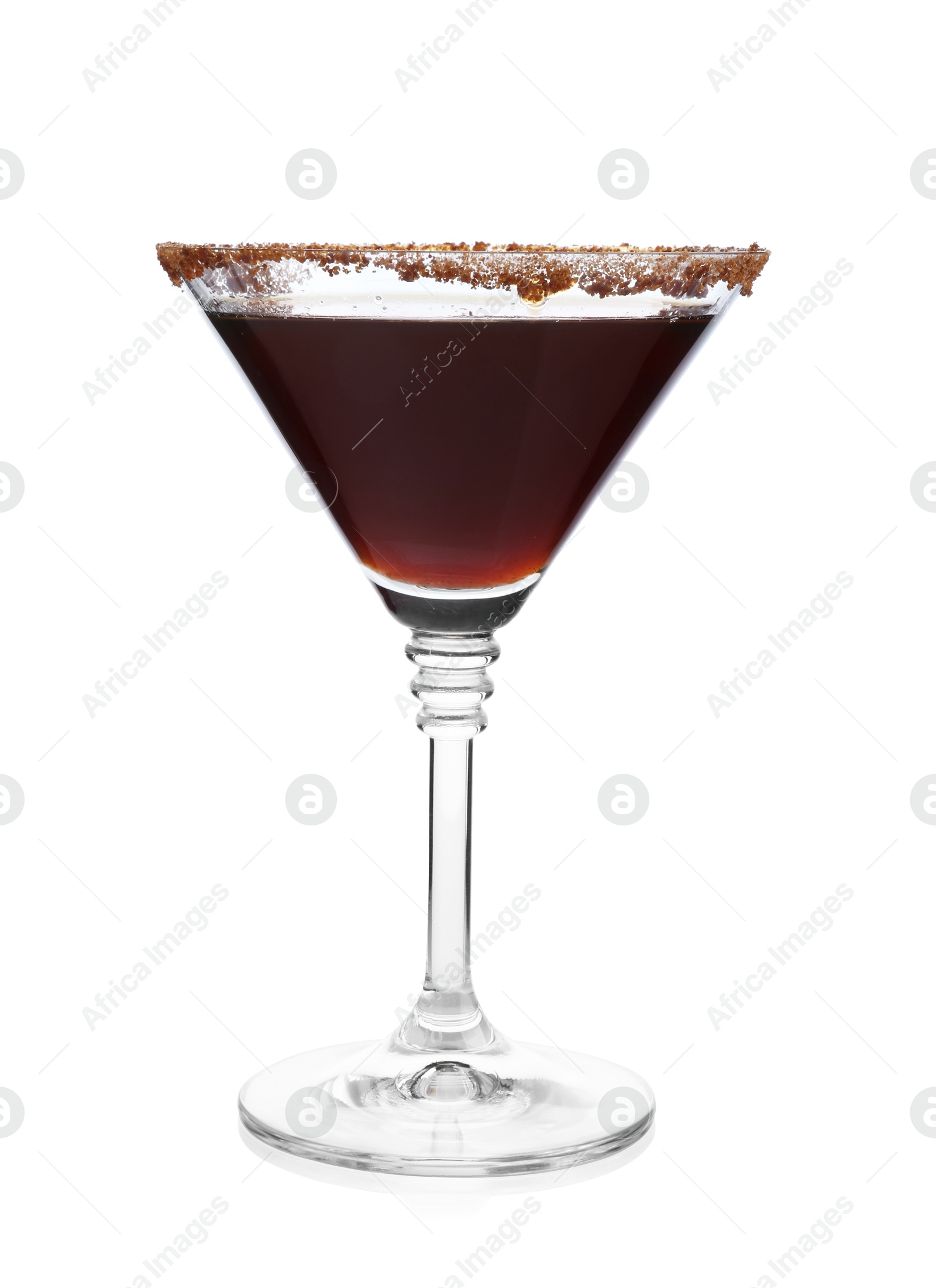 Martini cocktail with sugar in glass on white background Photo of Martini cocktail with sugar in glass on white background