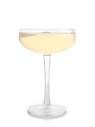 Photo of Martini cocktail with orange slice in glass on white background