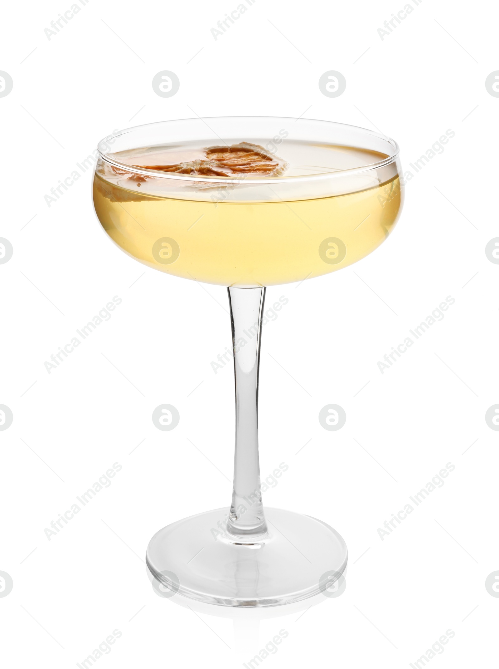 Martini cocktail with orange slice in glass on white background Photo of Martini cocktail with orange slice in glass on white background