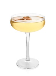 Photo of Martini cocktail with orange slice in glass on white background
