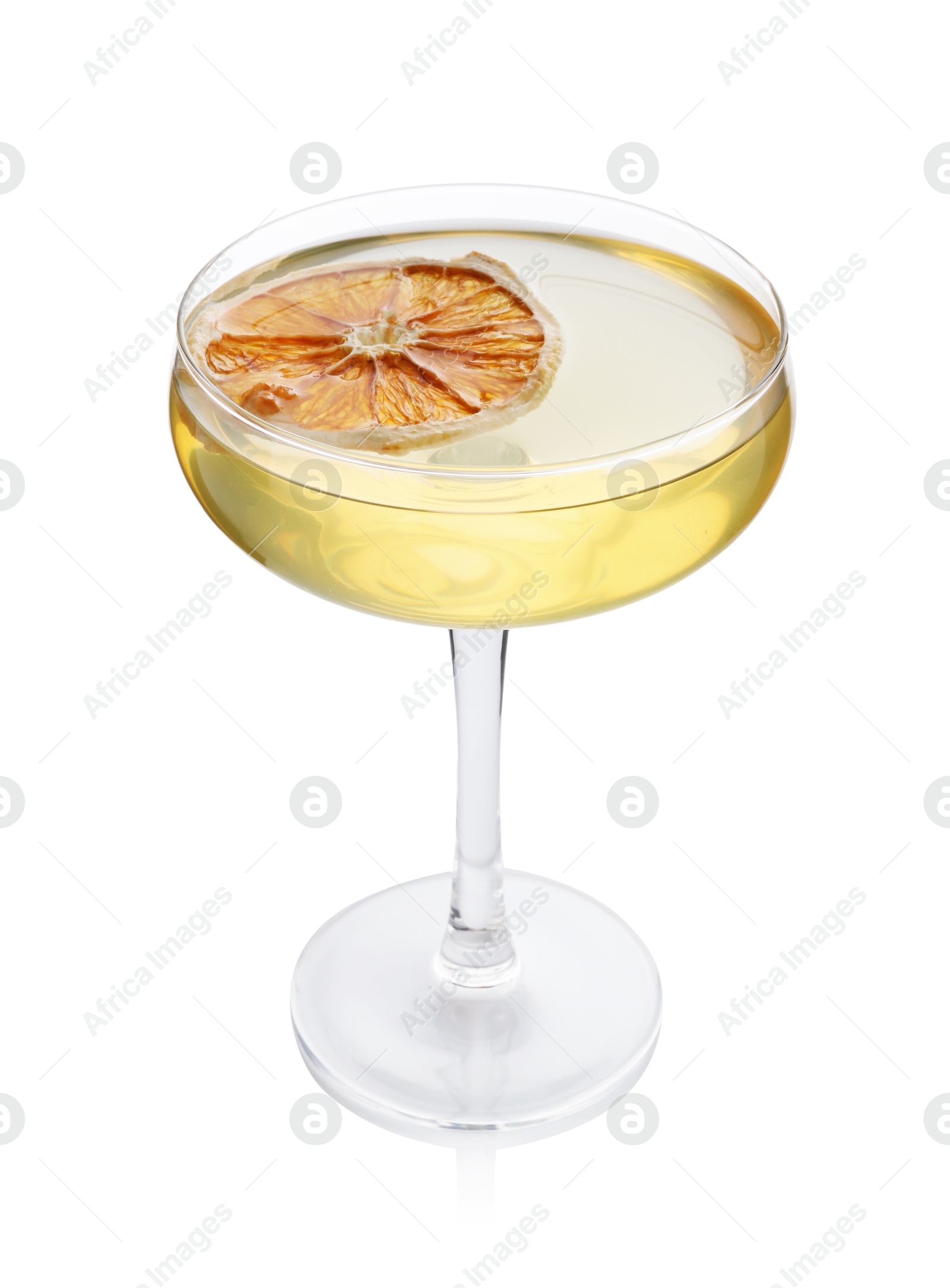 Martini cocktail with orange slice in glass on white background Photo of Martini cocktail with orange slice in glass on white background