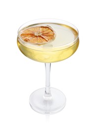 Photo of Martini cocktail with orange slice in glass on white background