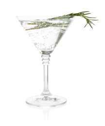 Photo of Martini cocktail with rosemary in glass on white background