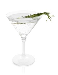 Photo of Martini cocktail with rosemary in glass on white background