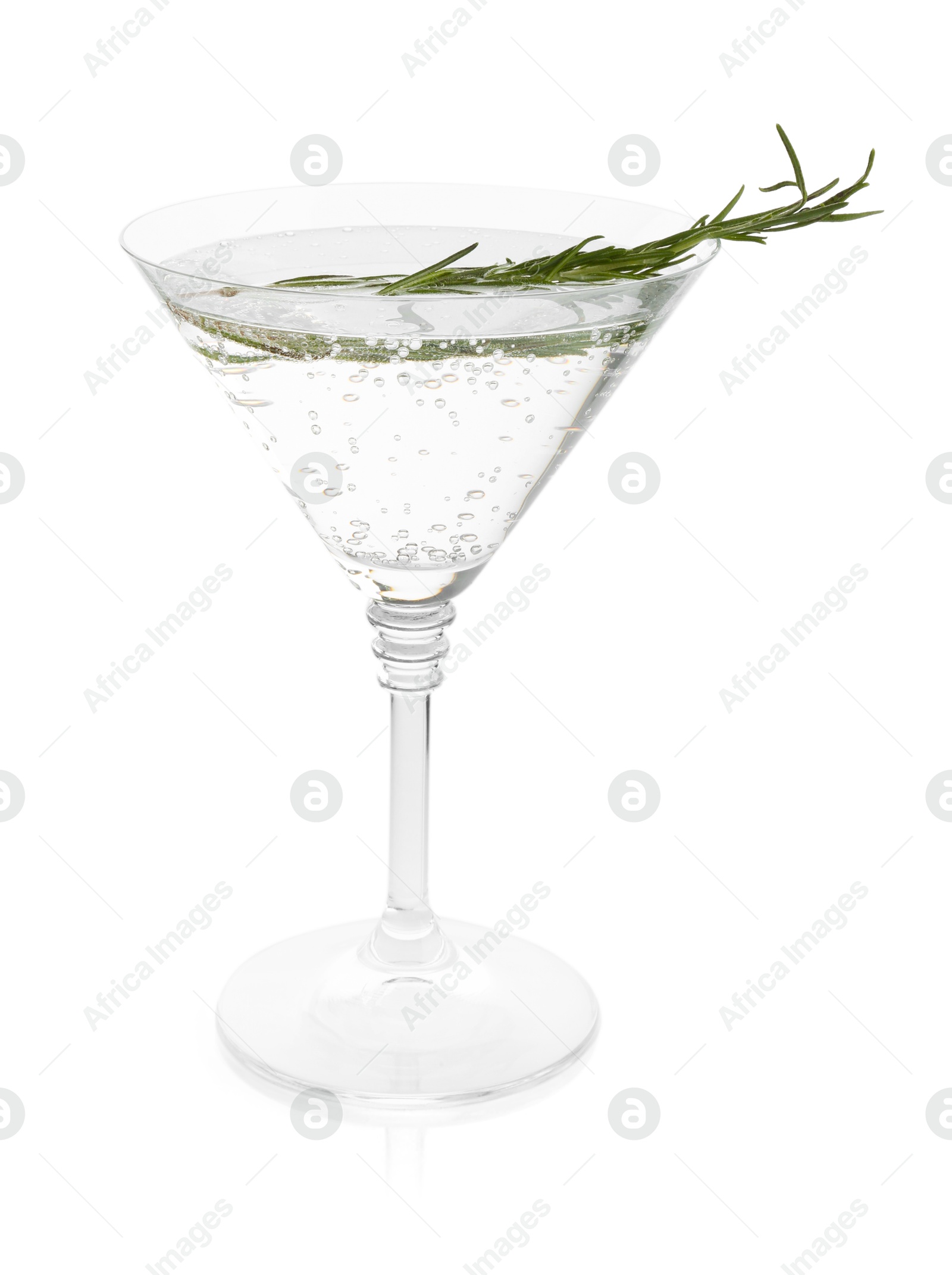 Photo of Martini cocktail with rosemary in glass on white background