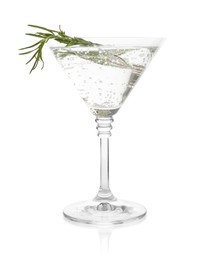 Photo of Martini cocktail with rosemary in glass on white background