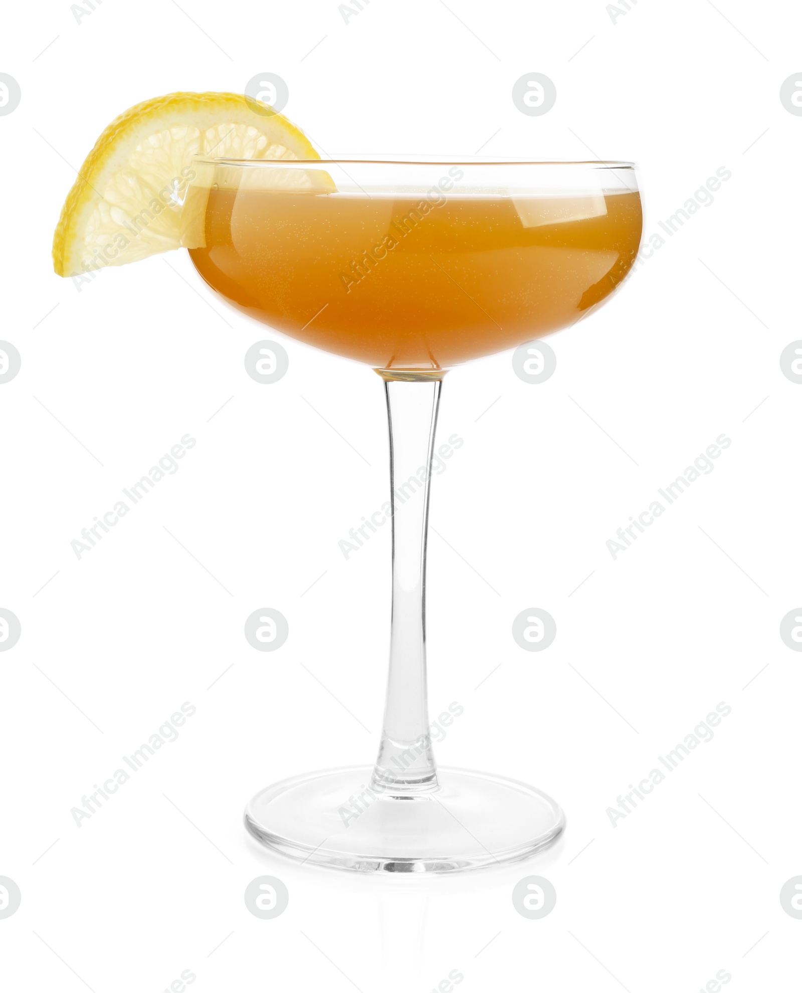 Martini cocktail with lemon slice in glass on white background Photo of Martini cocktail with lemon slice in glass on white background