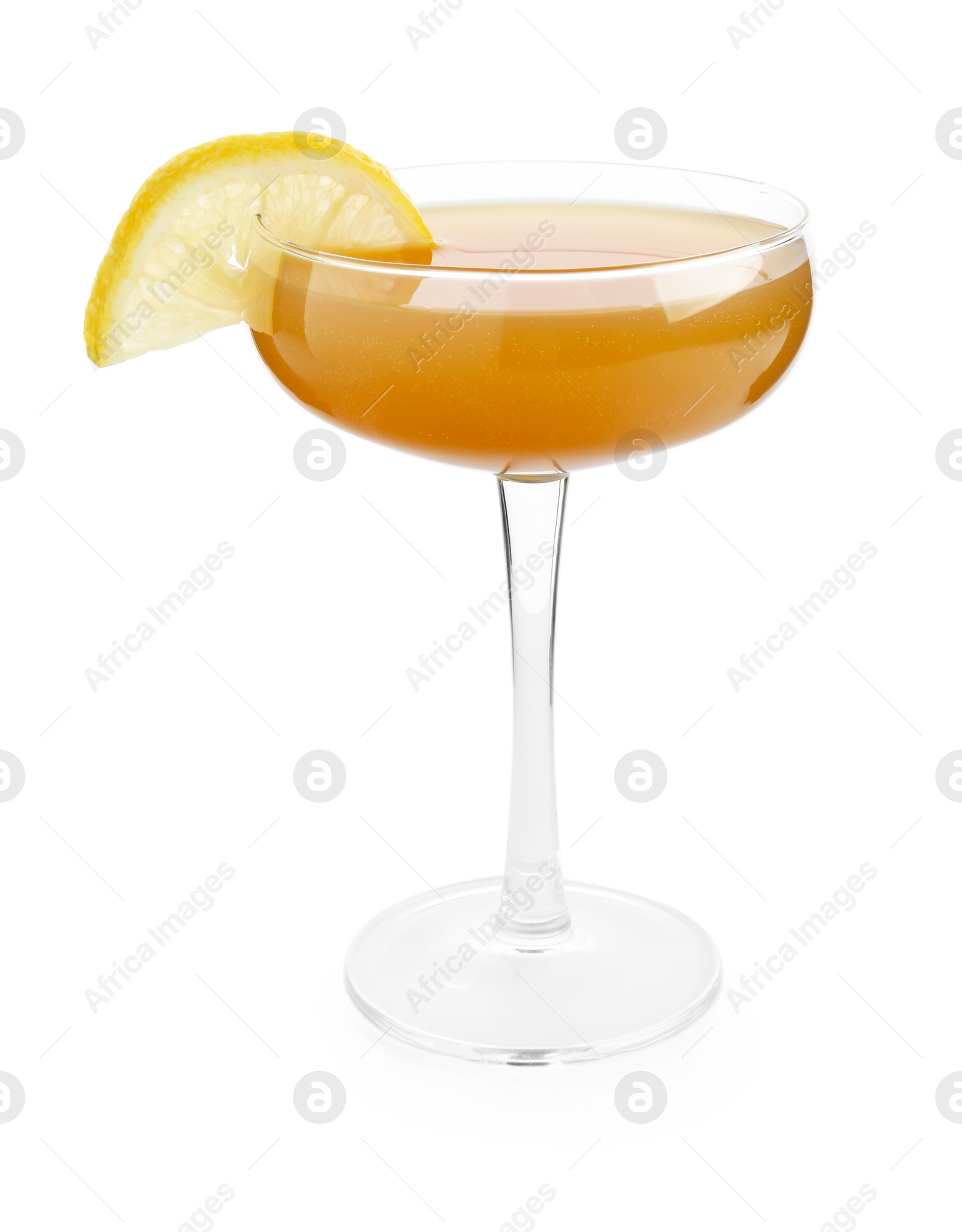 Martini cocktail with lemon slice in glass on white background Photo of Martini cocktail with lemon slice in glass on white background