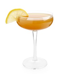 Photo of Martini cocktail with lemon slice in glass on white background