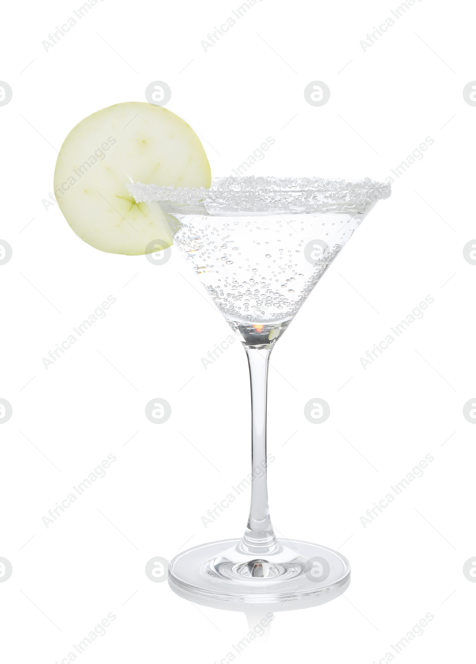 Martini cocktail with apple slice and sugar in glass on white background Photo of Martini cocktail with apple slice and sugar in glass on white background