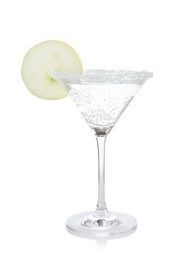 Photo of Martini cocktail with apple slice and sugar in glass on white background
