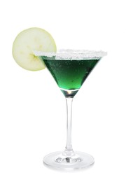 Photo of Martini cocktail with apple slice and sugar in glass on white background