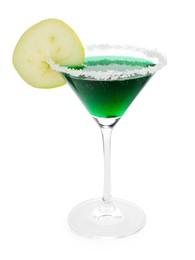 Photo of Martini cocktail with apple slice and sugar in glass on white background