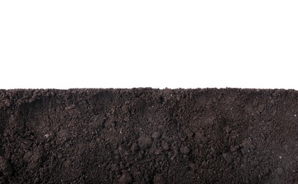 Photo of Fresh soil isolated on white, top view