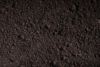 Photo of Fresh soil as background, top view. Organic matter