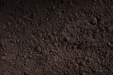 Photo of Fresh soil as background, top view. Organic matter