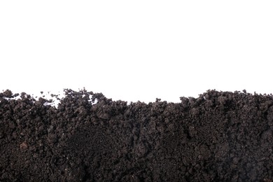 Photo of Fresh soil isolated on white, top view