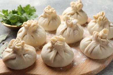 Photo of Uncooked khinkalis (dumplings) with flour and parsley on grey table, closeup