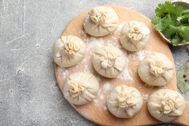 Photo of Uncooked khinkalis (dumplings) with ingredients on grey table, flat lay. Space for text