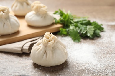 Photo of Uncooked khinkalis (dumplings) and cilantro on wooden table, closeup. Space for text