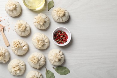 Photo of Uncooked khinkalis (dumplings) and spices on white wooden table, flat lay. Space for text