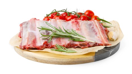Photo of Fresh raw beef ribs, tomatoes and spices isolated on white