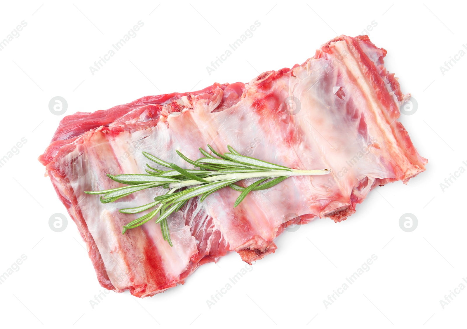 Fresh raw beef ribs and rosemary isolated on white, top view Photo of Fresh raw beef ribs and rosemary isolated on white, top view
