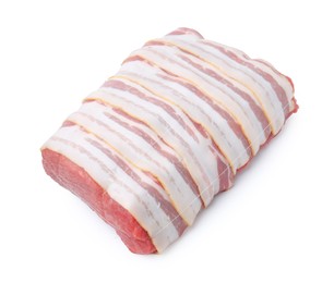 Photo of Piece of raw beef meat isolated on white, above view