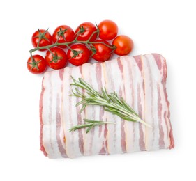 Photo of Piece of raw beef meat, tomatoes and rosemary isolated on white, top view