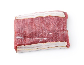 Photo of Piece of raw beef meat isolated on white, top view
