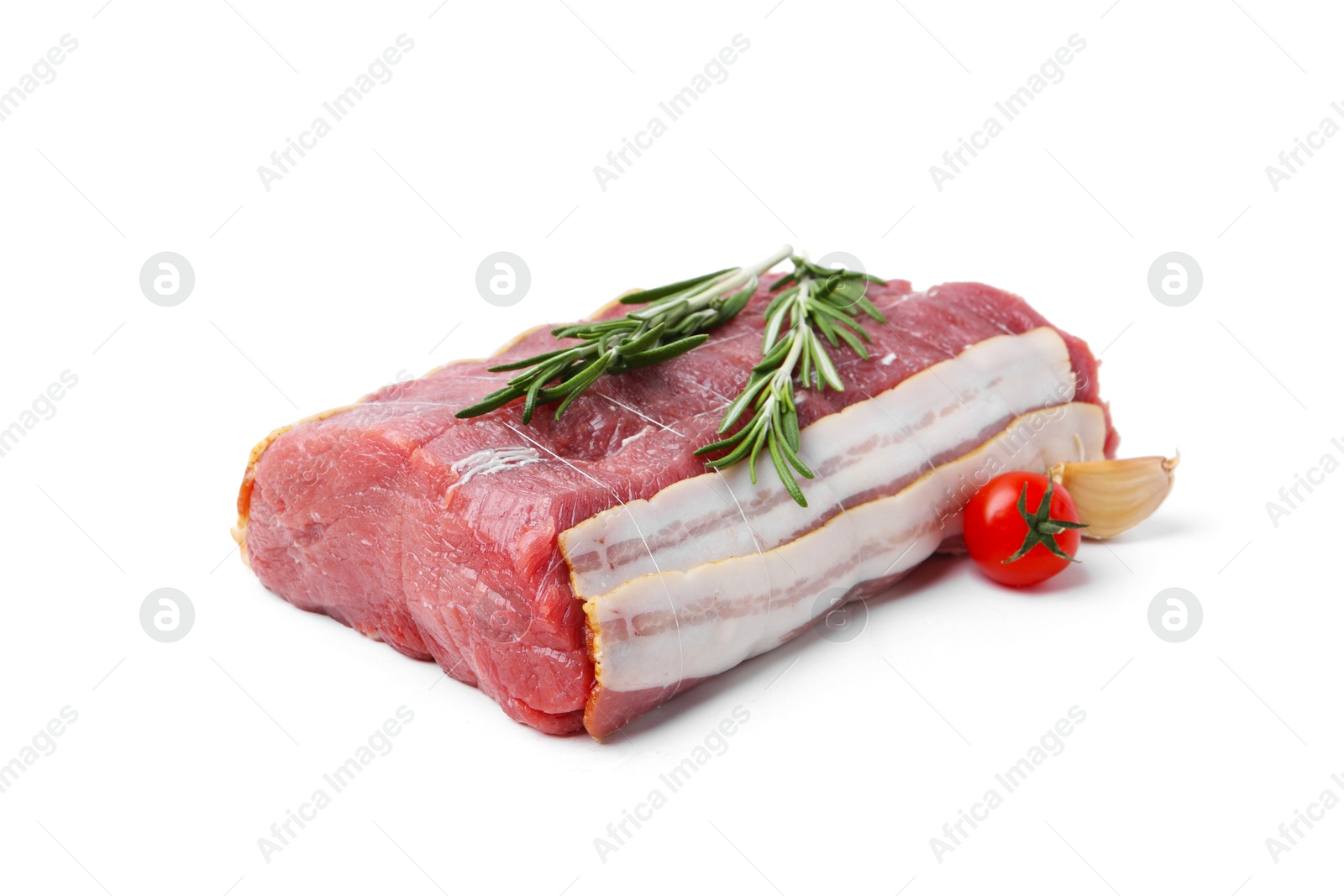 Piece of raw beef meat, tomato and spices isolated on white Photo of Piece of raw beef meat, tomato and spices isolated on white