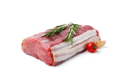 Photo of Piece of raw beef meat, tomato and spices isolated on white