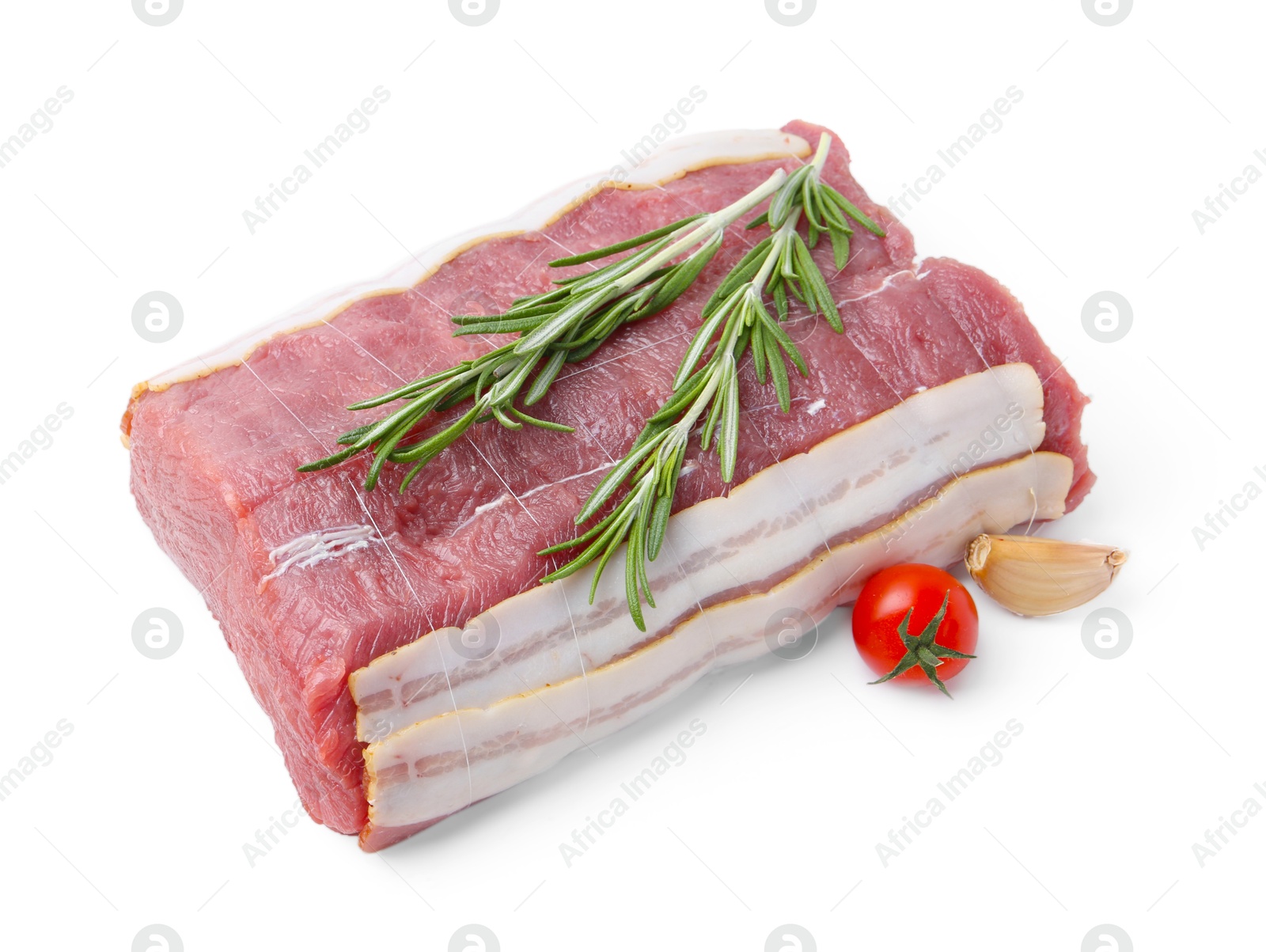 Piece of raw beef meat, tomato and spices isolated on white Photo of Piece of raw beef meat, tomato and spices isolated on white