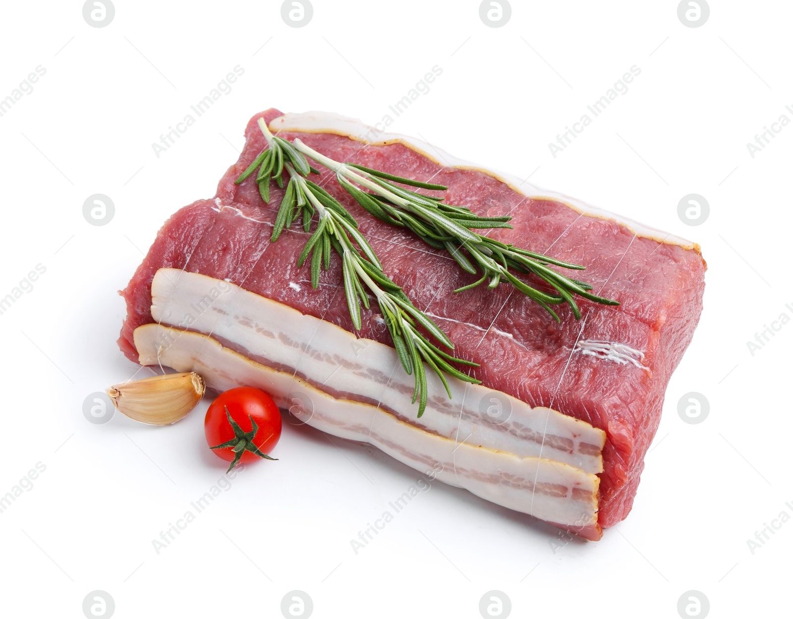 Piece of raw beef meat, tomato and spices isolated on white Photo of Piece of raw beef meat, tomato and spices isolated on white