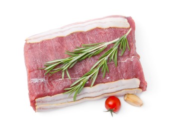 Photo of Piece of raw beef meat, tomato and spices isolated on white, top view