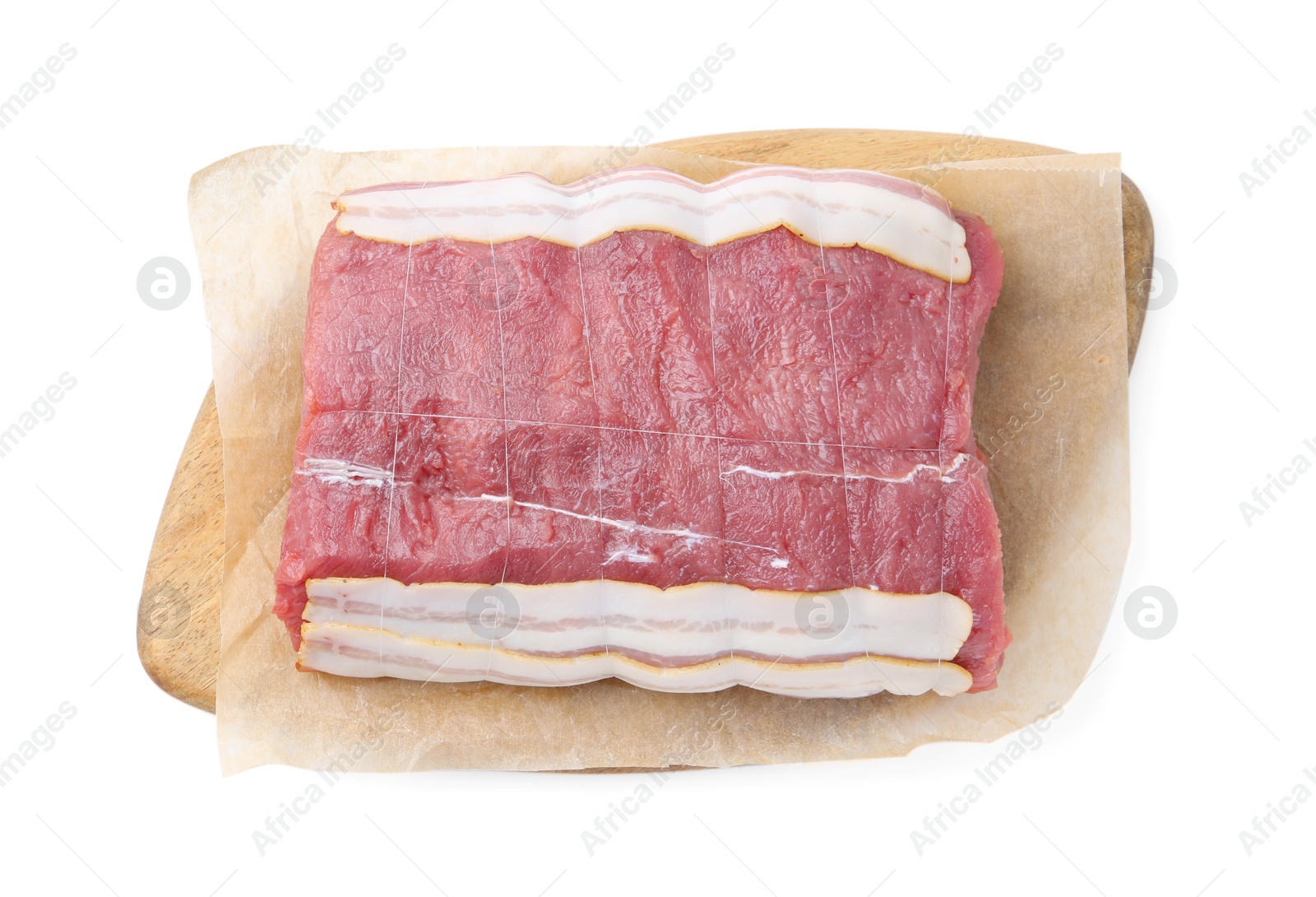 Piece of raw beef meat isolated on white, top view Photo of Piece of raw beef meat isolated on white, top view