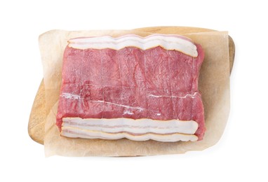 Photo of Piece of raw beef meat isolated on white, top view