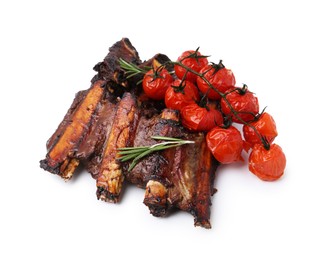 Photo of Roasted beef ribs with rosemary and tomatoes isolated on white