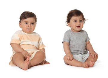 Photo of Cute little twin babies on white background