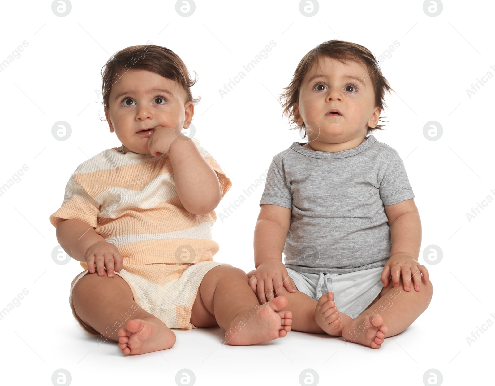 Cute little twin babies on white background Photo of Cute little twin babies on white background