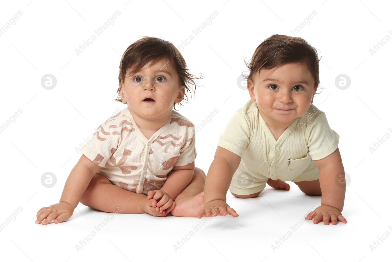Cute little twin babies on white background Photo of Cute little twin babies on white background