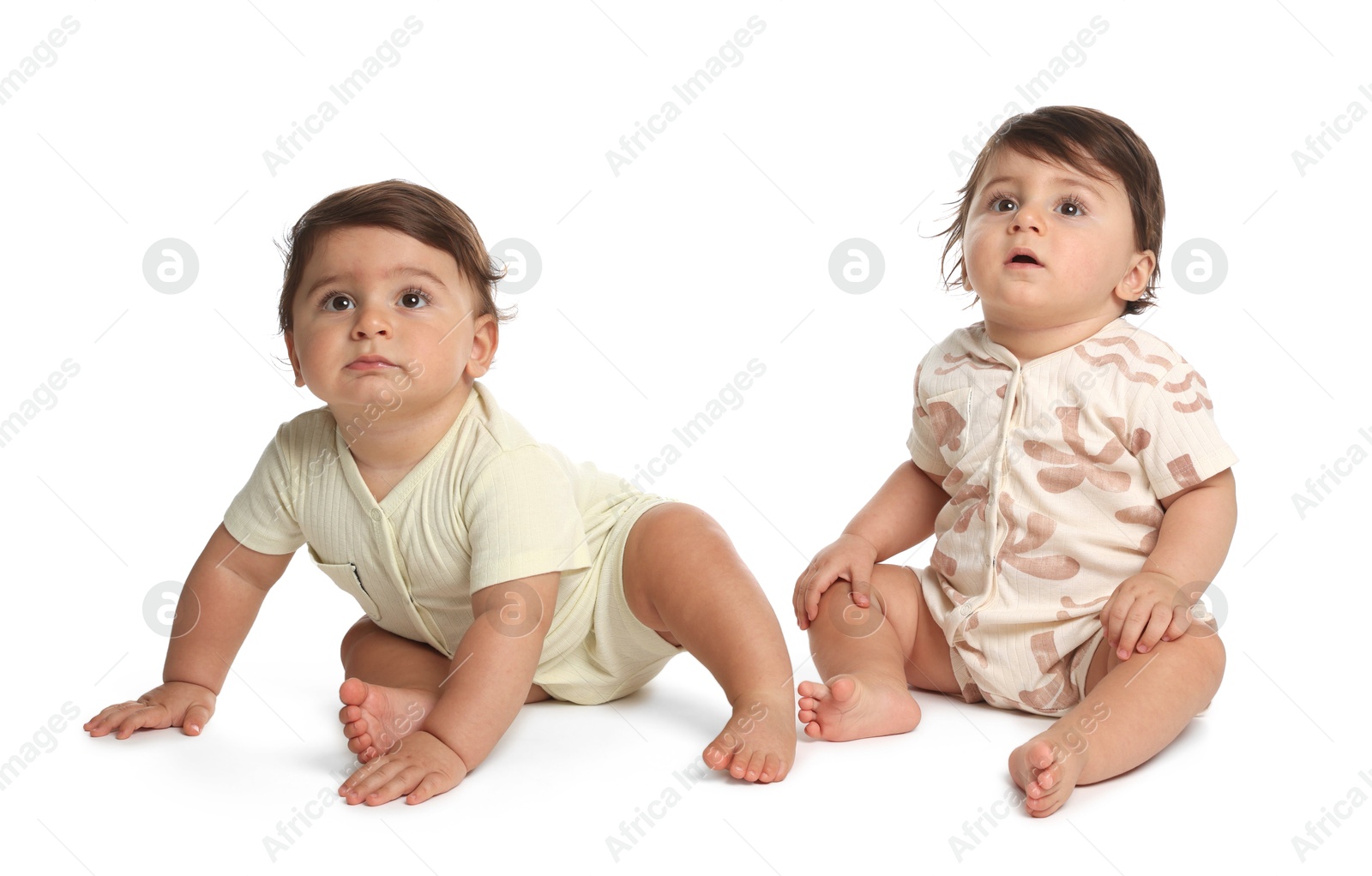 Cute little twin babies on white background Photo of Cute little twin babies on white background
