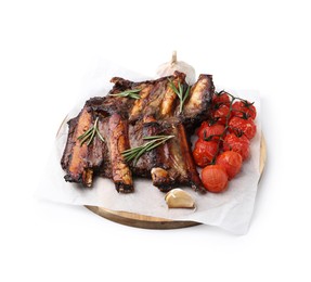 Photo of Roasted beef ribs with spices and tomatoes isolated on white