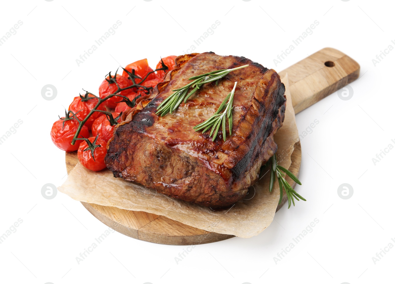 Delicious roast beef with rosemary and tomatoes isolated on white Photo of Delicious roast beef with rosemary and tomatoes isolated on white
