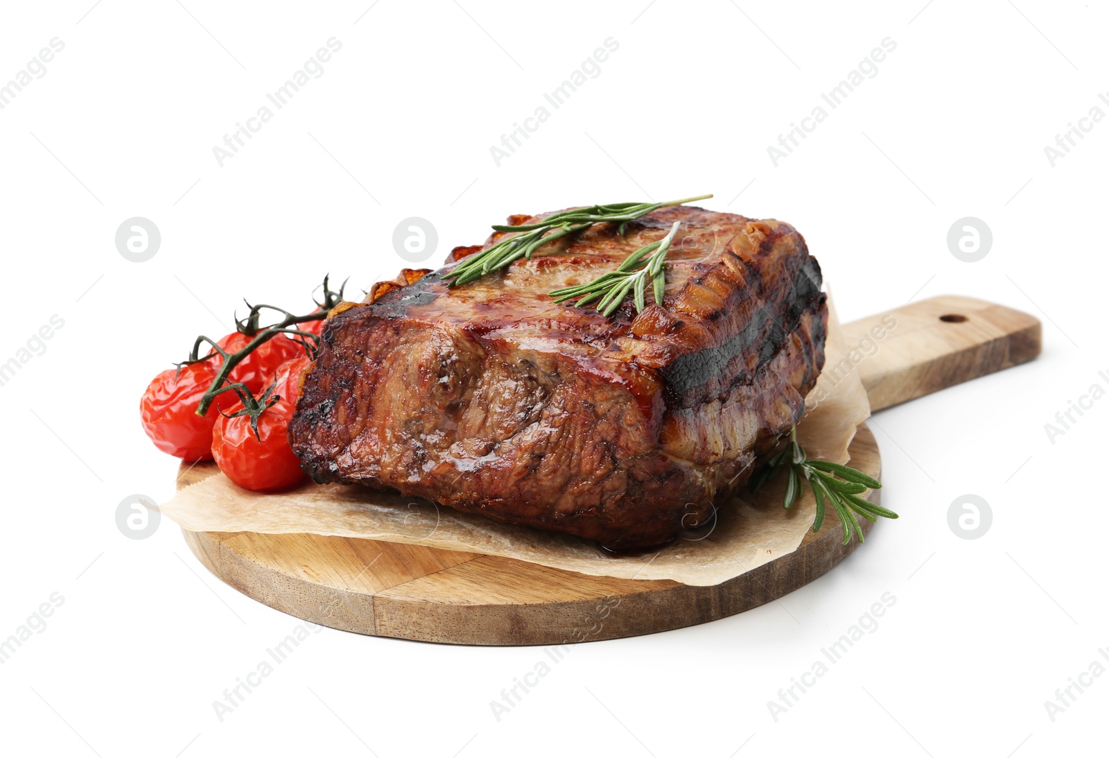 Delicious roast beef with rosemary and tomatoes isolated on white Photo of Delicious roast beef with rosemary and tomatoes isolated on white