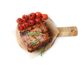 Photo of Delicious roast beef with rosemary and tomatoes isolated on white, top view