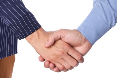 Photo of Business partners shaking hands on white background, closeup