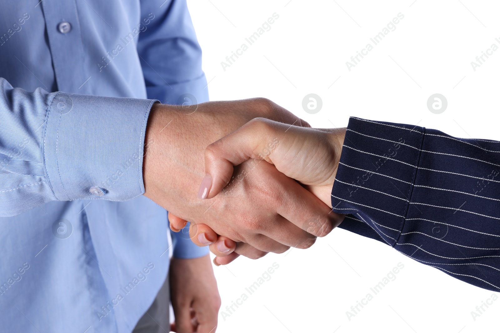 Photo of Business partners shaking hands on white background, closeup